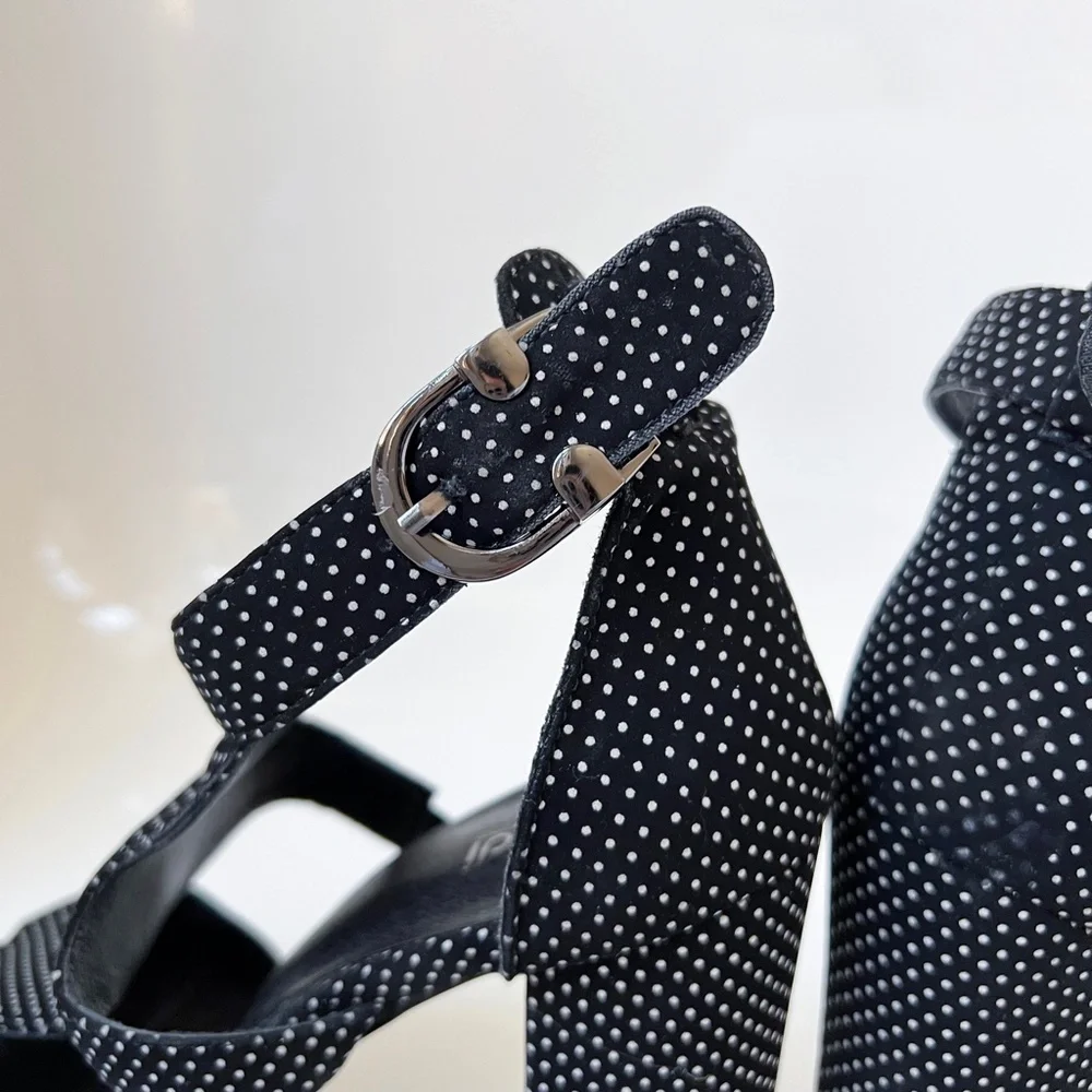 Baldi London Polka Dot Cage Sandal High Block Heel Open Toe Black White 8.5
